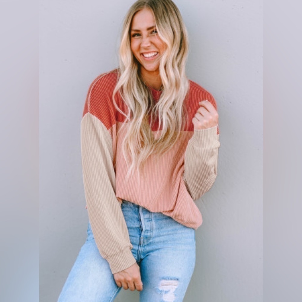 NEW Red Tan Apricot Color Block Corduroy Look Ribbed Oversized Top